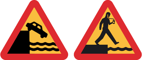 Swedish road signs -- ipod walking into water and car driving into water